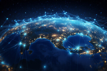 planet Earth at night with lit up countries and digital network connections