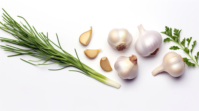 garlic and green leaves on a white background close-up. Generative Ai