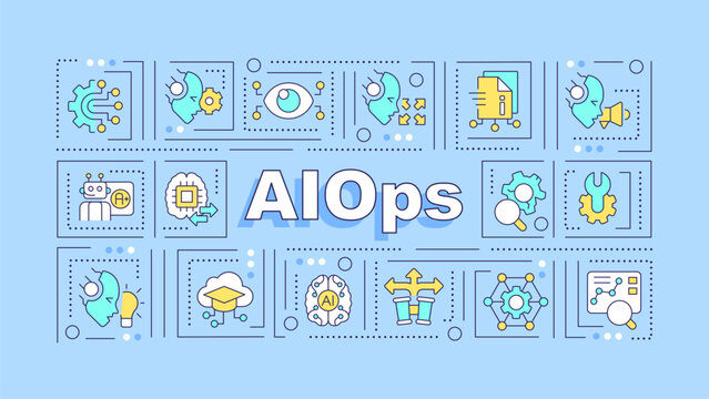 AI ops text with various thin line icons concept on blue monochromatic background, editable 2D vector illustration.
