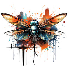 Watercolor dragonfly T-shirt Design, a dragonfly with wings that capture the vibrant colors of a bustling, Generative Ai