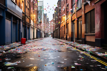 The aftermath of jubilation, an empty street is adorned with the remnants of confetti from the previous night's New Year's Eve festivities