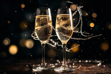 The aura of celebration captured as champagne glasses clink in unison, marking the very moment the clock welcomes the New Year