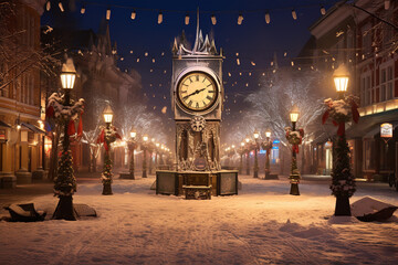 In a serene, snow-clad town square, a prominent clock display awaits to announce the transition...