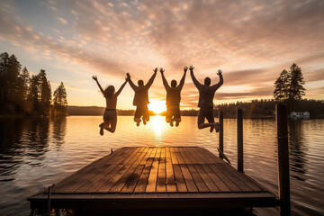 Embracing the first moments of the year, a group of friends leap joyfully off a dock, synchronizing with the New Year's sunrise - obrazy, fototapety, plakaty