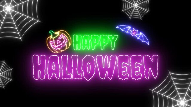 happy halloween neon animation happy halloween pumpkin spooky ghost spider cobweb bat halloween day