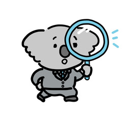 虫眼鏡を覗いて驚くコアラのビジネスマン