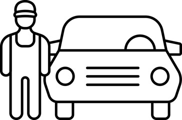 Car With Mechanic Icon In Black Line Art.