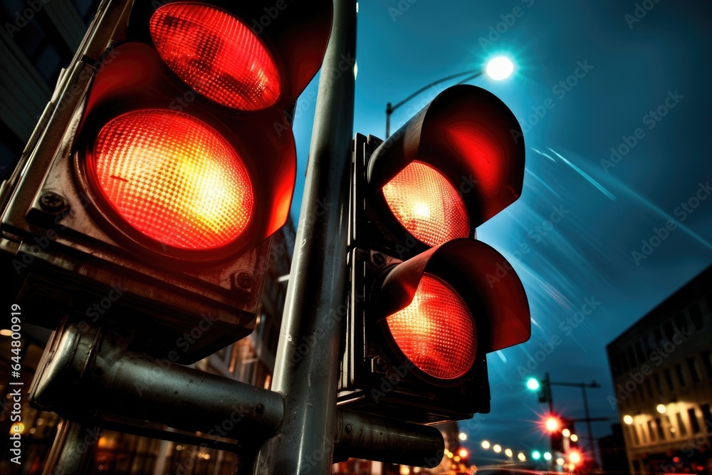 Poster red traffic light. prohibiting motion signal.