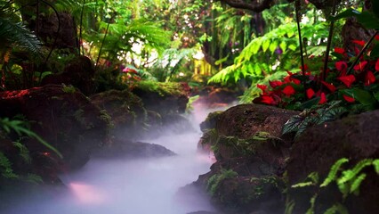 Stream shrouded in mist in rainforest paradise with blossoming flowers.
