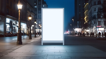 panneau publicitaire vierge lumineux, format portrait, dans une ville la nuit - obrazy, fototapety, plakaty