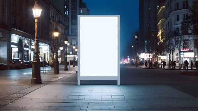 panneau publicitaire vierge lumineux, format portrait, dans une ville la nuit