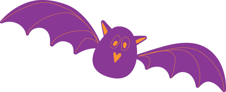 purple cute bat with orange decor on white background.