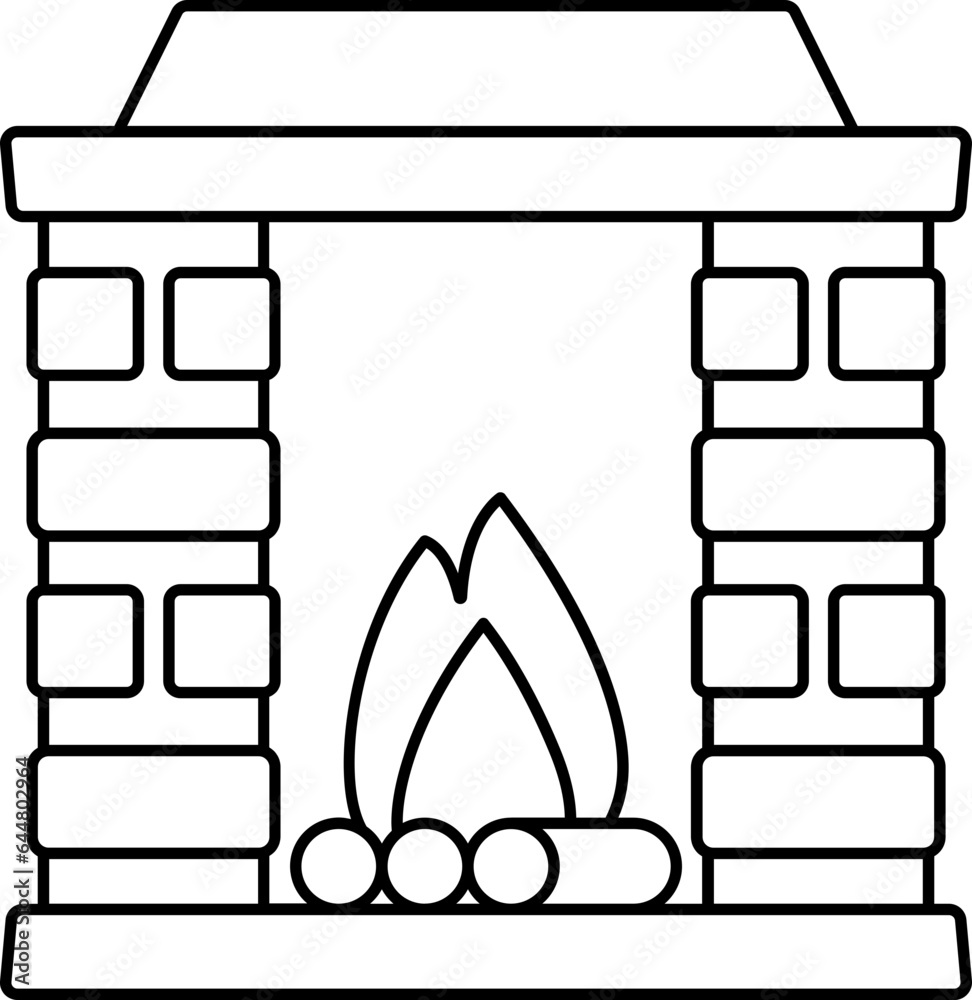 Sticker Flat Style Fireplace Icon In Black Line Art.