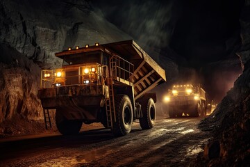 Several huge quarry trucks carry the rock for beneficiation and processing. Large mining trucks work the night shift.