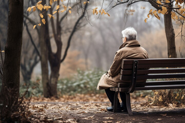 Elegant elderly woman sits on a bench at autumn landscape - obrazy, fototapety, plakaty