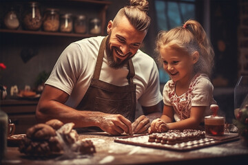 In the kitchen, a happy dad is cooking cookies with his little daughter. - obrazy, fototapety, plakaty