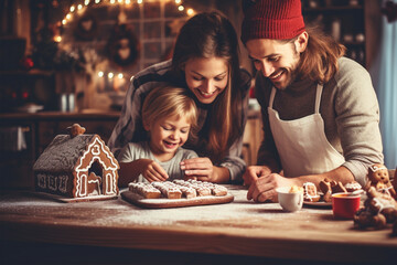 Parents with son preparing gingerbread or cookies in the kitchen