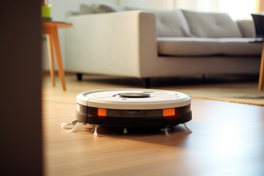 Robot vacuum cleaner on the floor of the apartment.