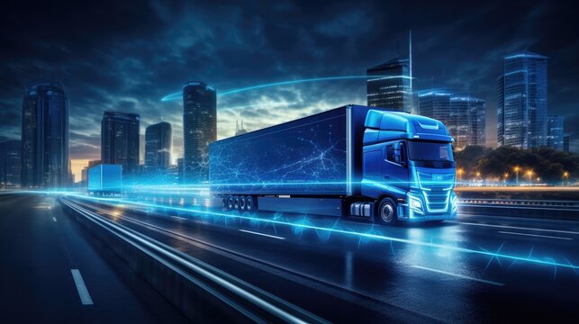 Transportation and logistics technology. Global business logistics import export and container cargo truck on highway, transportation industry concept.