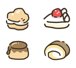 いろんな種類の洋菓子の手描きイラストセット