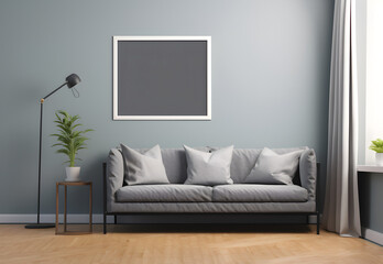 mockup cadre photo avec contour blanc accroché à un mur de salon au dessus d'un canapé