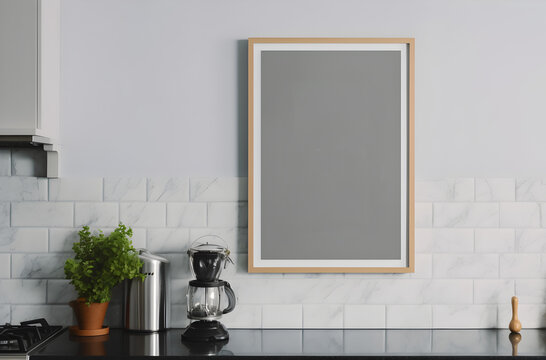 mockup cadre photo avec contour bois accroché à un mur de cuisine