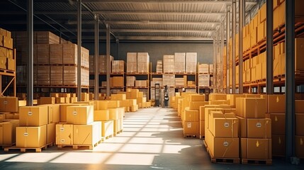 Logistics distribution center, Retail warehouse filled with shelves with products in cardboard boxes.