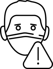 Man Wear A Mask With Warning Sign Icon In Black Line Art.