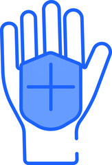 Hand With Medical Shield Icon In Blue And White Color.