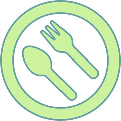 Fork with Spoon On Plate Icon In Green And White Color.