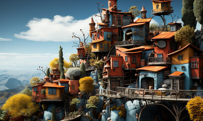 Landscape with fairy tale house in cartoon style.