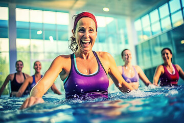 Active women enjoying aqua fit class in a pool - obrazy, fototapety, plakaty