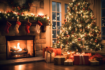 Lots of Christmas presents under Christmas tree next to fireplace at night