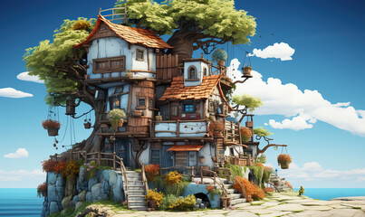 Landscape with fairy tale house in cartoon style.