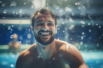 Active men enjoying aqua fit class in a pool