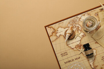 Columbus Day. Old map of America with shells and envelopes