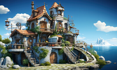 Landscape with fairy tale house in cartoon style.