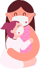 Cartoon Woman Hugging Her Daughter On White Background.