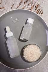 Homemade care cosmetics from rice water for face and hair. Eco-style care, eco-friendliness