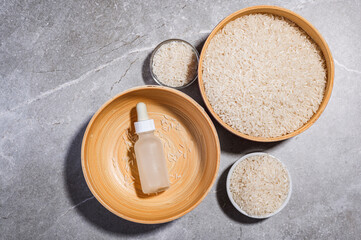 Homemade care cosmetics from rice water for face and hair. Eco-style care, eco-friendliness