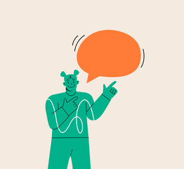 Woman talking something. Speech bubble above. Colorful vector illustration
