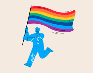 A men holding  with rainbow flag gay pride symbol. Colorful vector illustration
