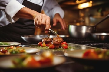 Obraz na płótnie Canvas Close up of a professional chef preparing a delicious gourmet dish in a modern kitchen.