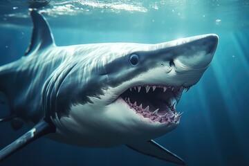 Naklejka premium swimming shark with open mouth.