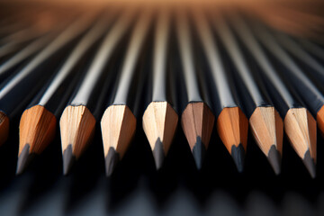 wooden pencils row on blurry pencils background. education and business concept. working together. teamwork composition
