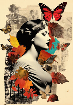 Vintage Autumn Collage paper, Old photo collage with autumn elements, leaves and pumpkins, Junk Journal collage sheet, Scrapbooking collage