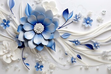Floral-themed 3D wallpaper featuring white jewelry flowers with a blue diamond on a white marble background. Generative AI