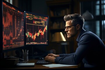 Obraz na płótnie Canvas A worried broker watches the stock market chart on the monitor.'generative AI'