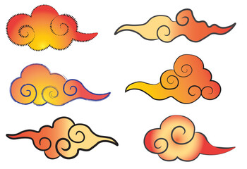 orange cloud chinese style traditional,Asian cloud set. Traditional cloudy ornaments in chinese