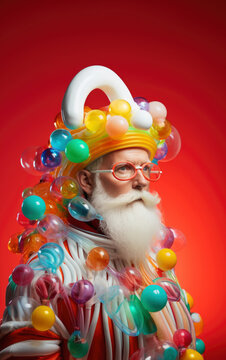 Retro Santa Clause with colorful plastic tubes and ornaments. Funny Christmas background. Ai generated image